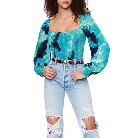 AFRM Bardot Tie Dye Smocked Square Neck Top size Medium in Teal - Picture 4 of 13
